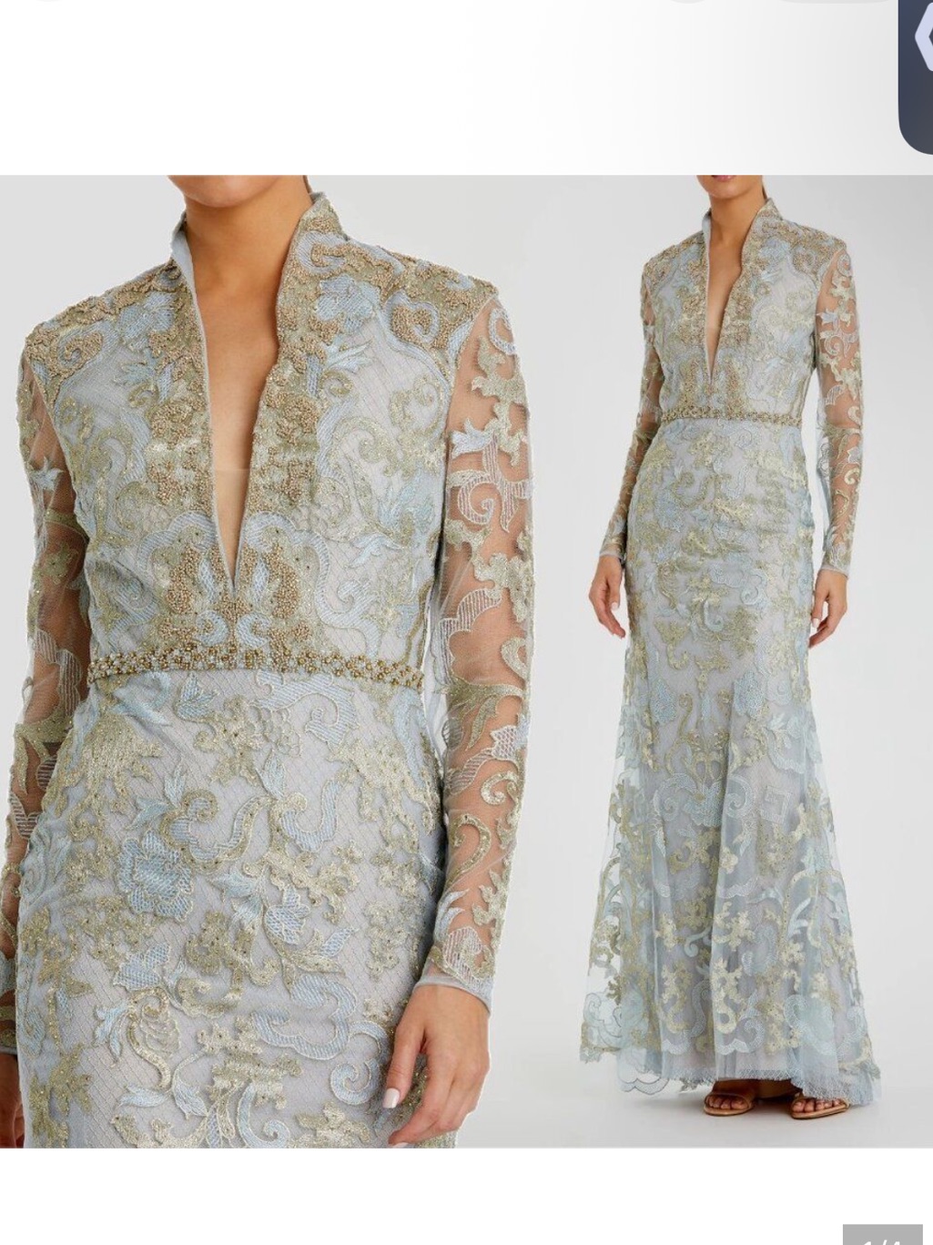 Nwt Mac Duggal Blue Queen Anne Lace 11165 Long Sleeve V-Neck Trumpet Gown 10